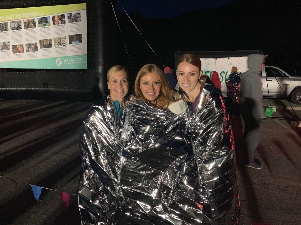 Getting warm with her running buddies before the race